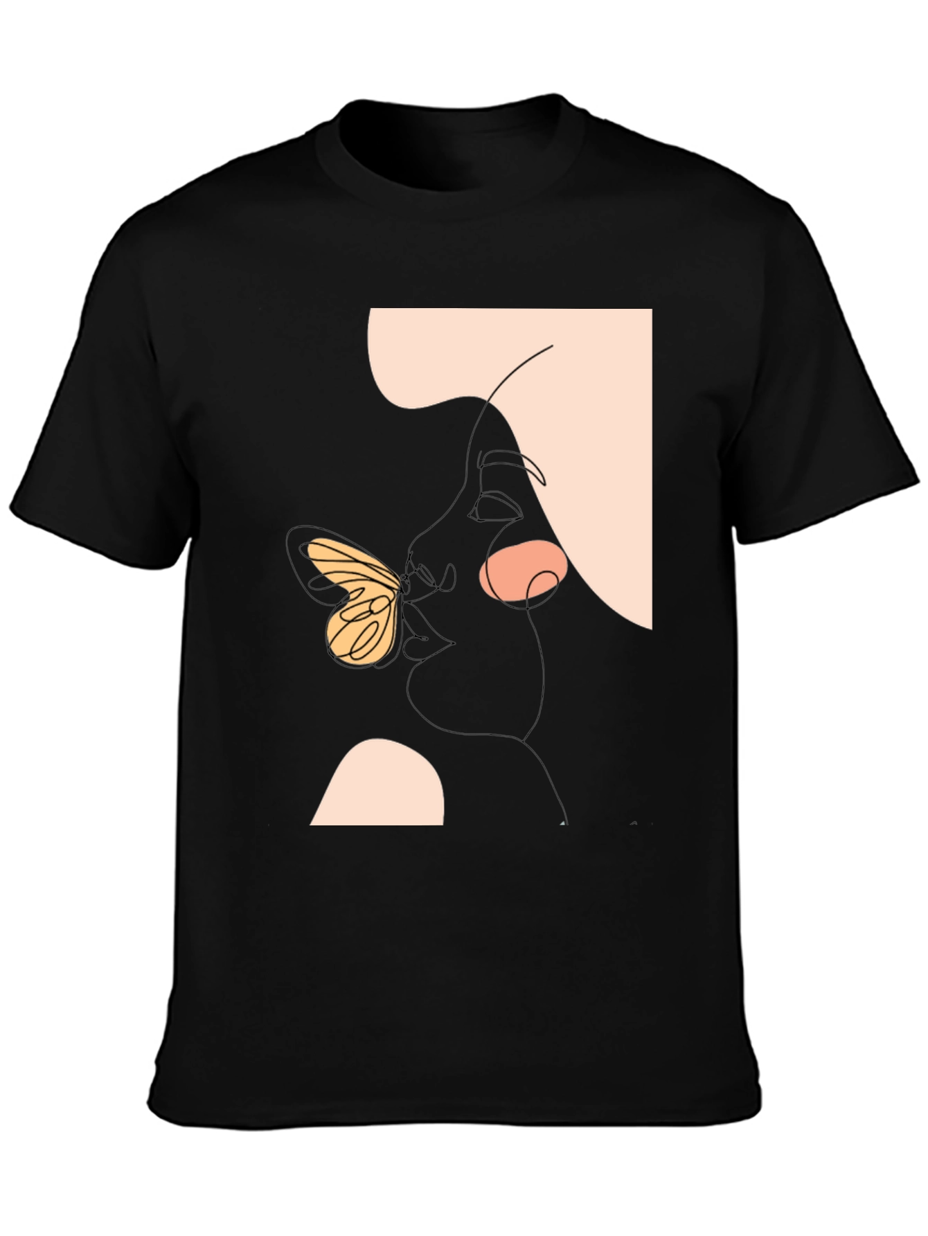Abstract Face and Butterfly Graphic Black T-Shirt