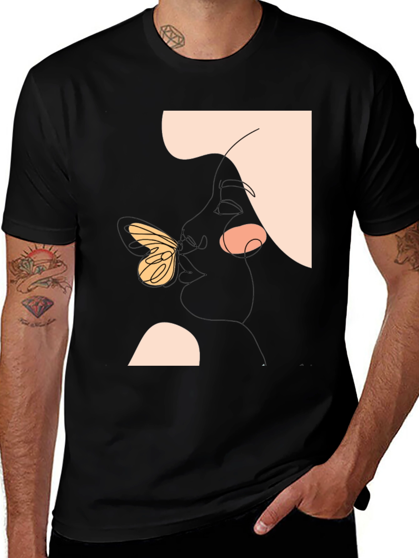 Abstract Face and Butterfly Graphic Black T-Shirt