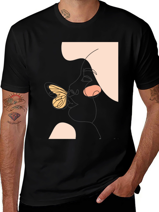 Abstract Face and Butterfly Graphic Black T-Shirt