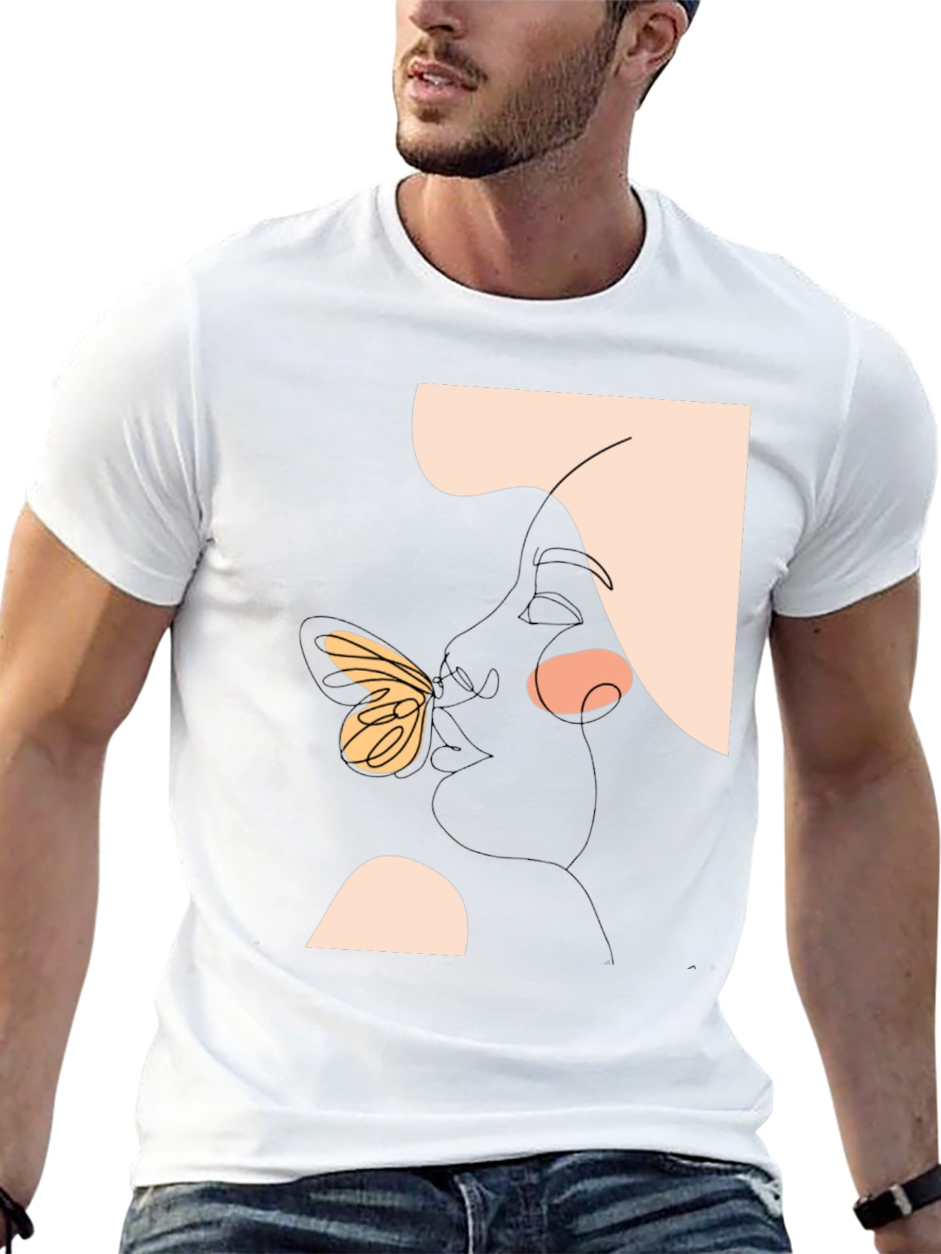 Abstract Face and Butterfly Graphic Black T-Shirt