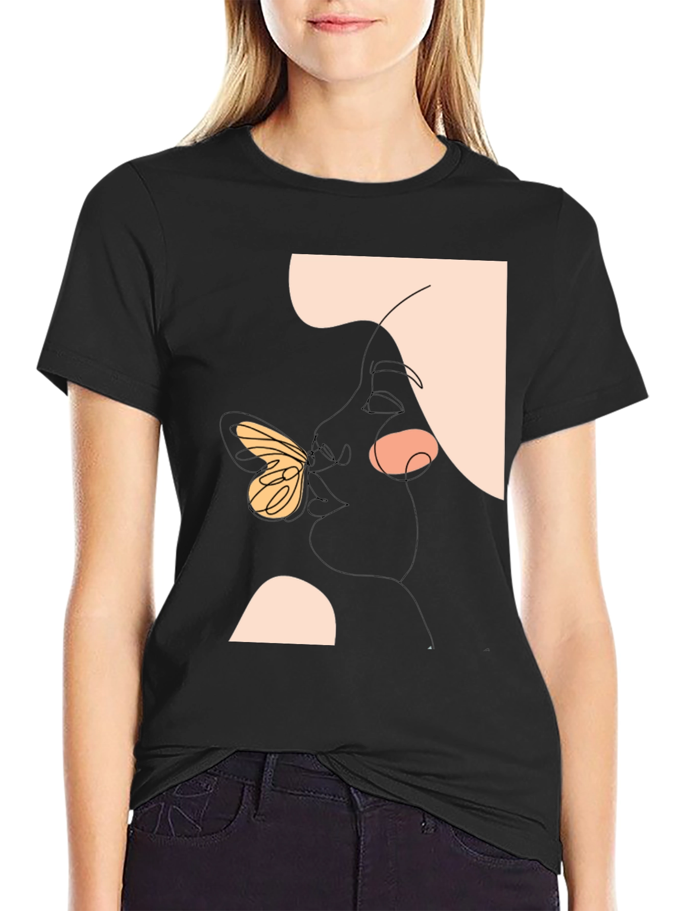 Abstract Face and Butterfly Graphic Black T-Shirt