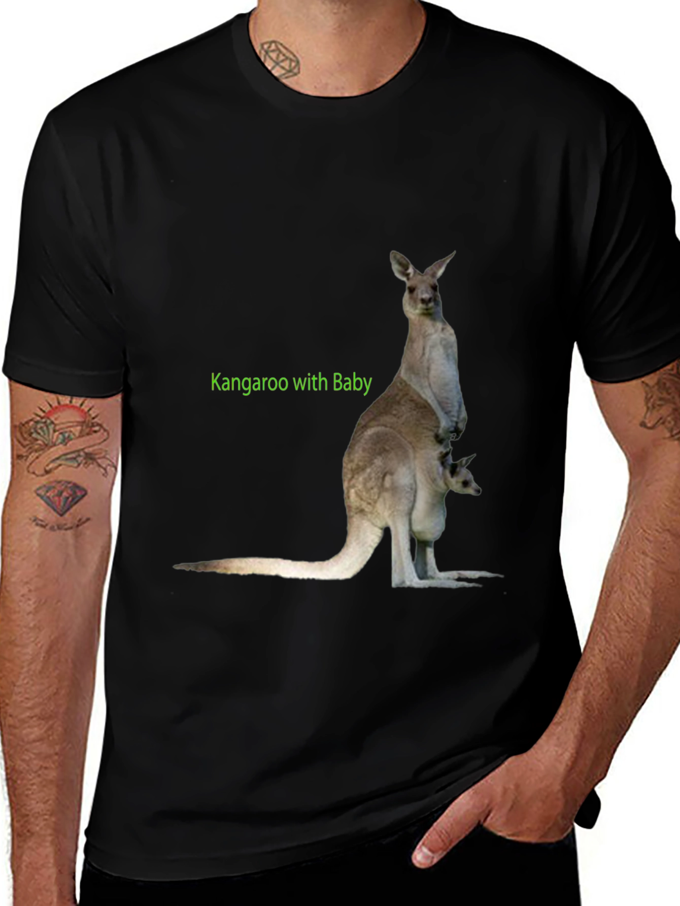 Kangaroo with Baby Graphic Tee - Black Cotton T-Shirt