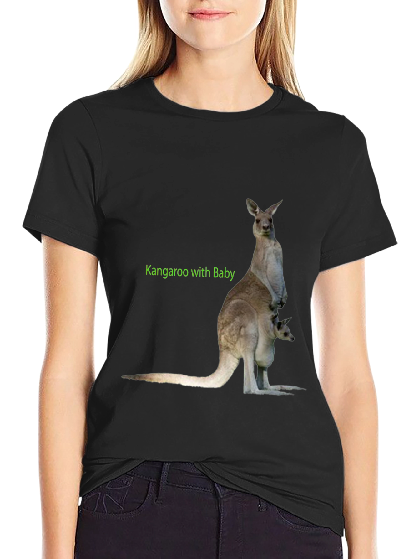 Kangaroo with Baby Graphic Tee - Black Cotton T-Shirt