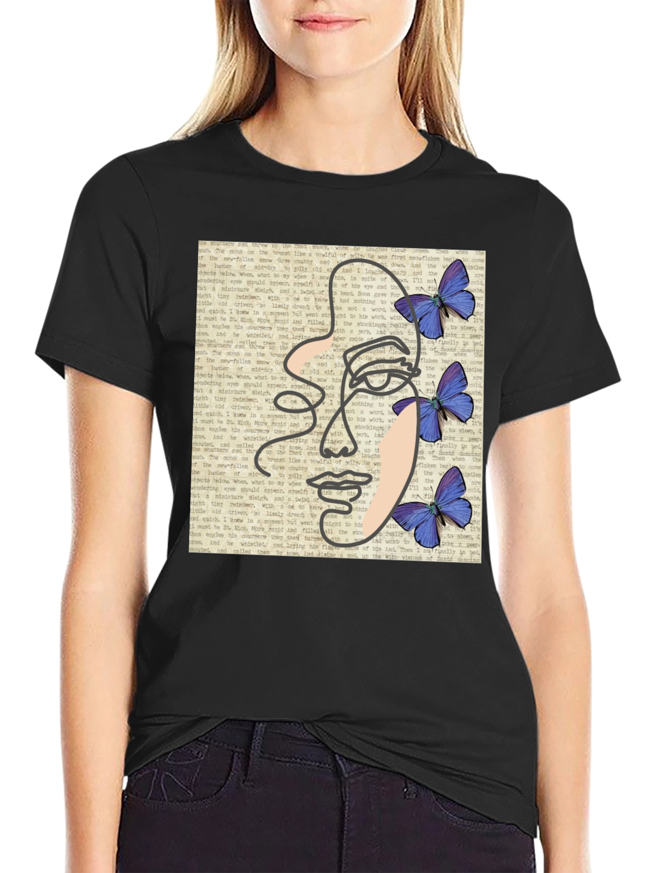 Abstract Face Butterfly Black T-Shirt