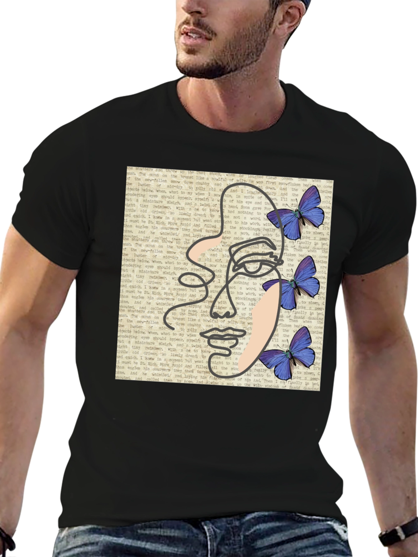 Abstract Face Butterfly Black T-Shirt
