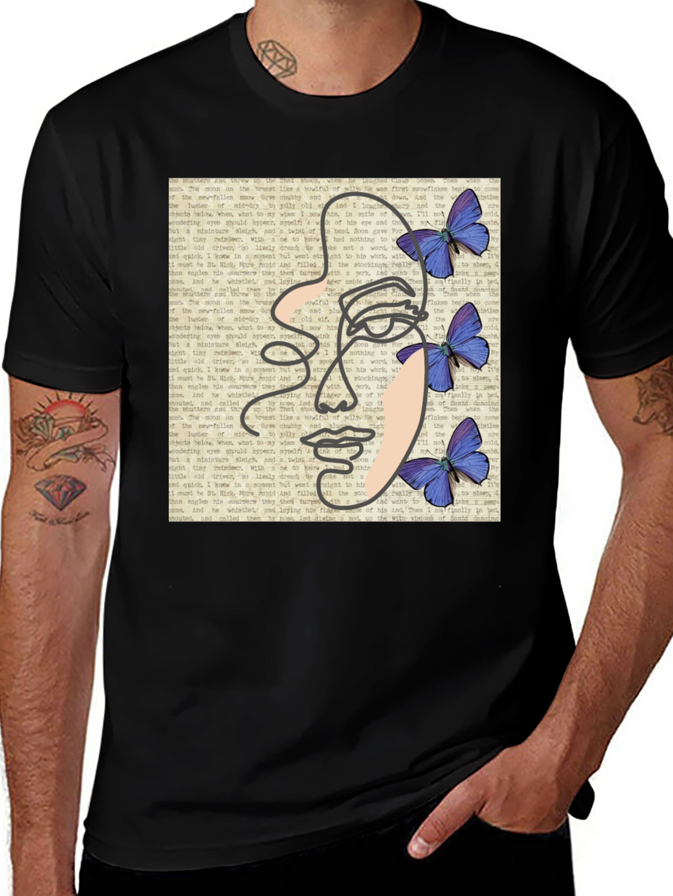 Abstract Face Butterfly Black T-Shirt