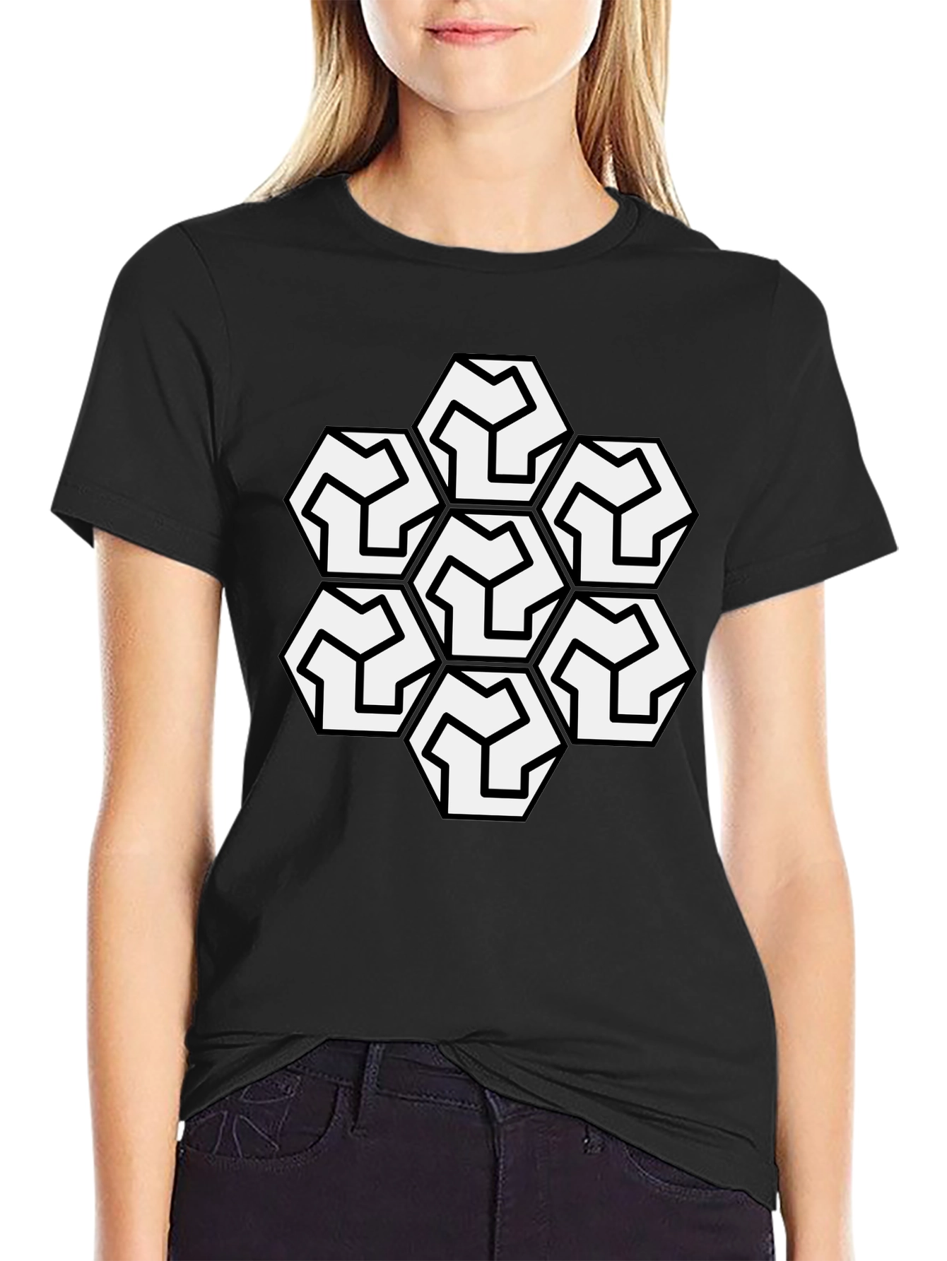 Geometric Hexagon Pattern Black T-Shirt