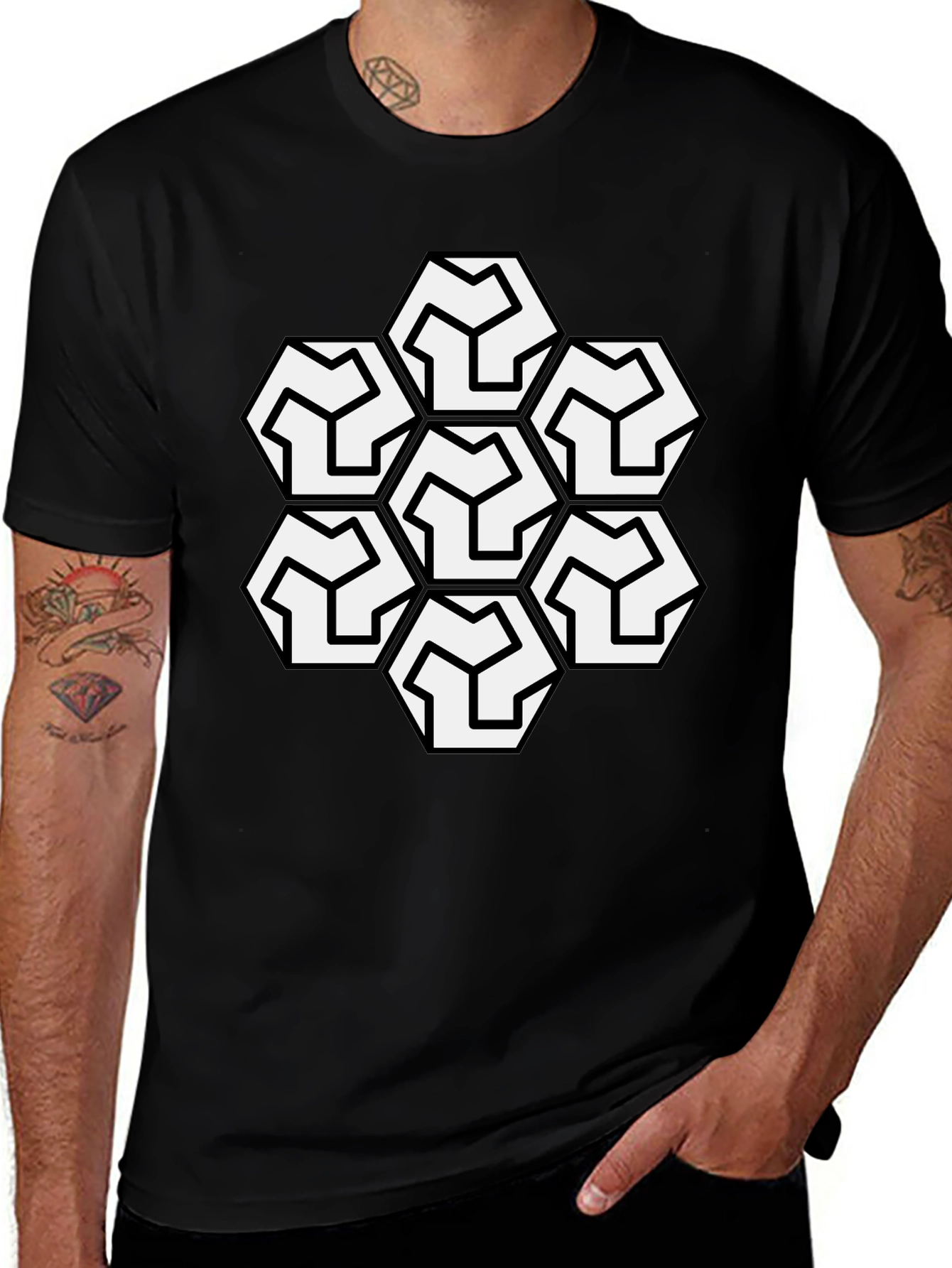 Geometric Hexagon Pattern Black T-Shirt