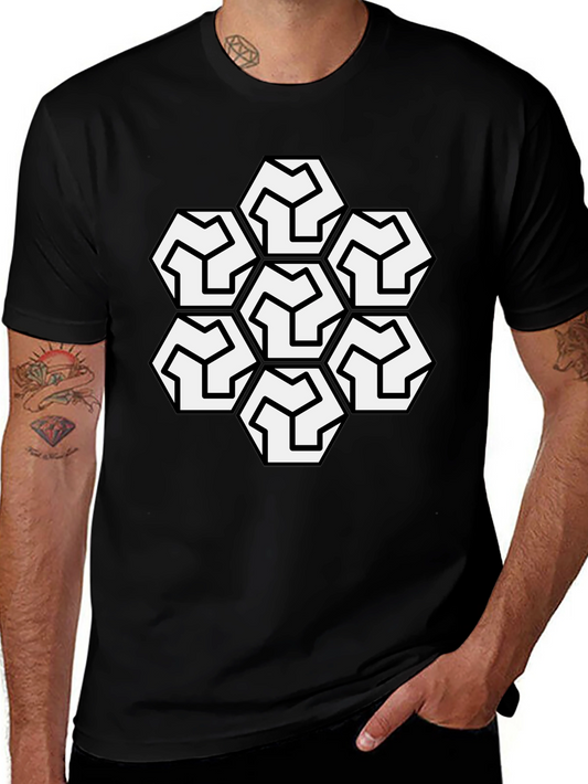 Geometric Hexagon Pattern Black T-Shirt