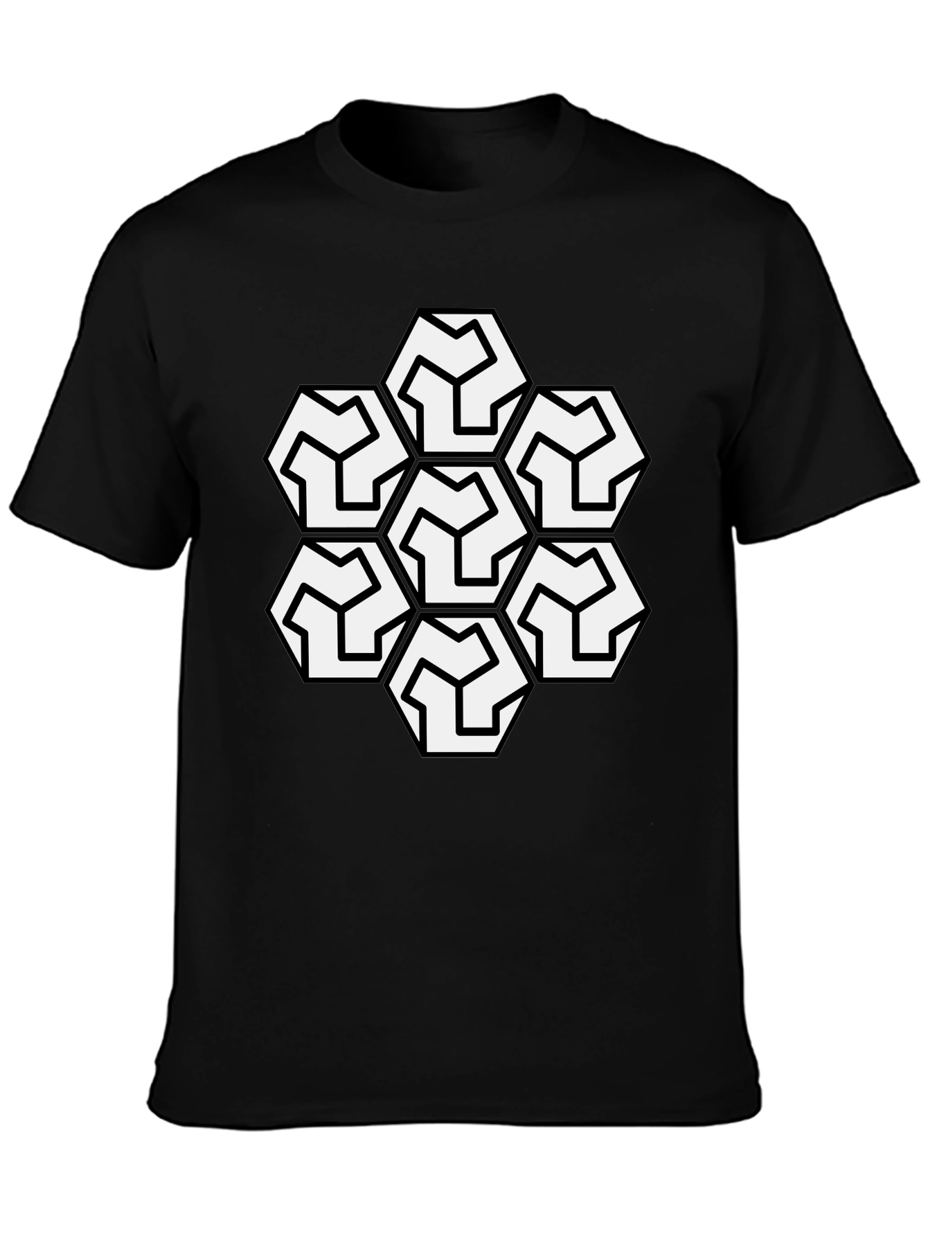 Geometric Hexagon Pattern Black T-Shirt