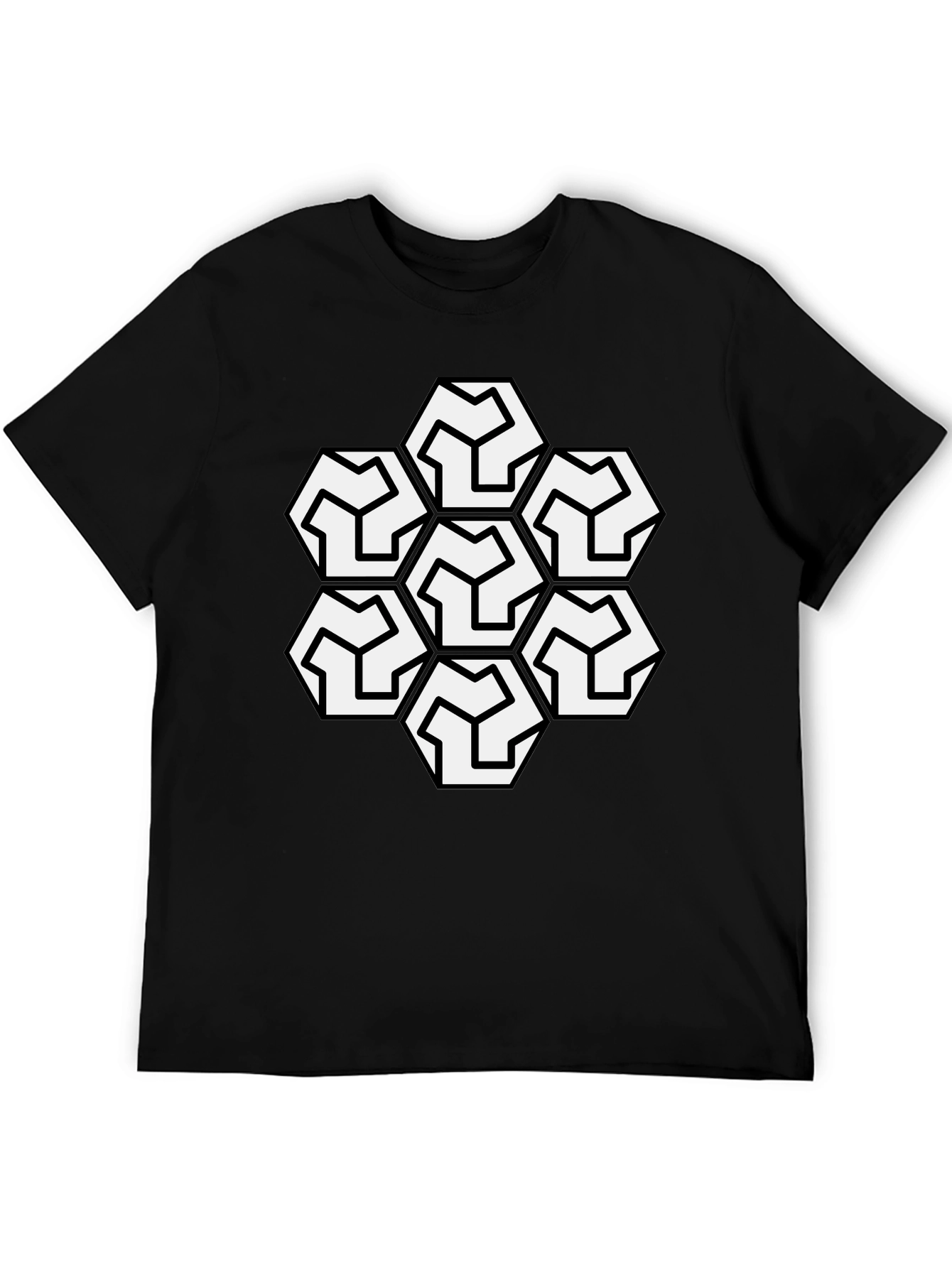Geometric Hexagon Pattern Black T-Shirt