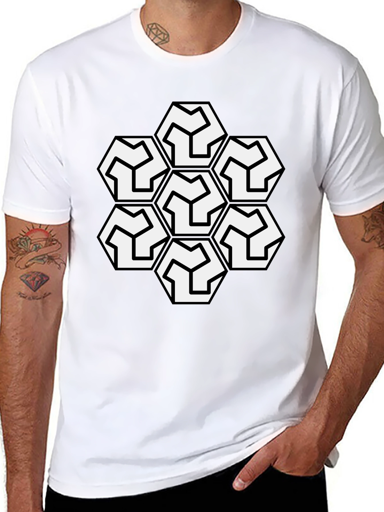Geometric Hexagon Pattern Black T-Shirt