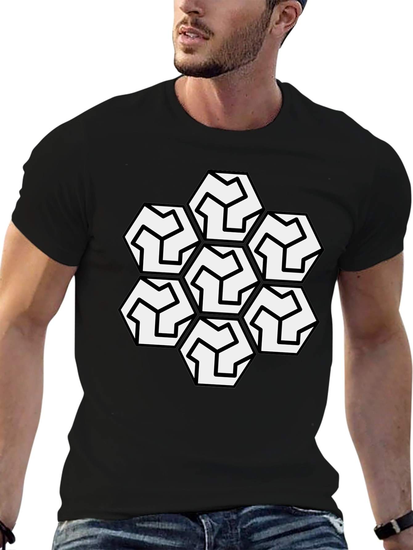 Geometric Hexagon Pattern Black T-Shirt