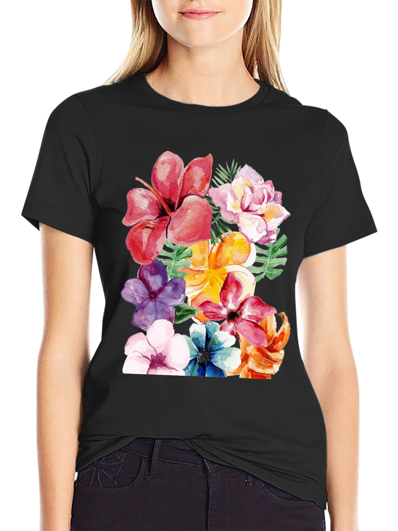 Floral Print Black T-Shirt - Tropical Flower Design