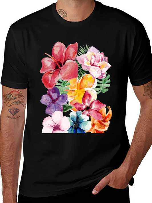 Floral Print Black T-Shirt - Tropical Flower Design