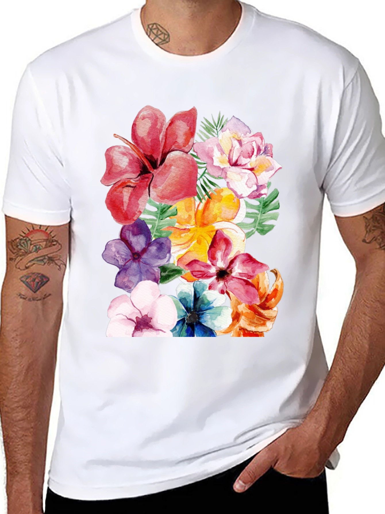Floral Print Black T-Shirt - Tropical Flower Design