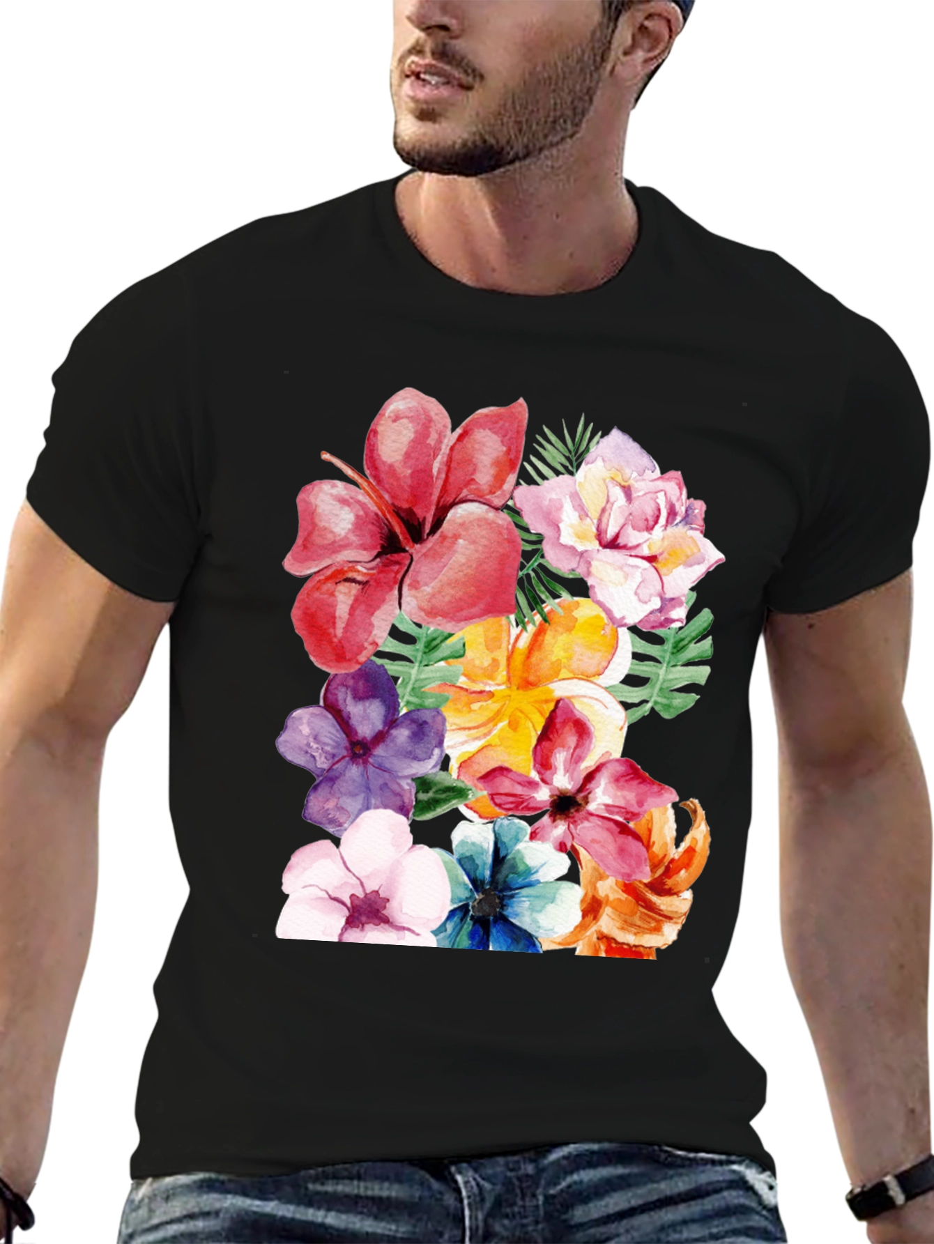 Floral Print Black T-Shirt - Tropical Flower Design