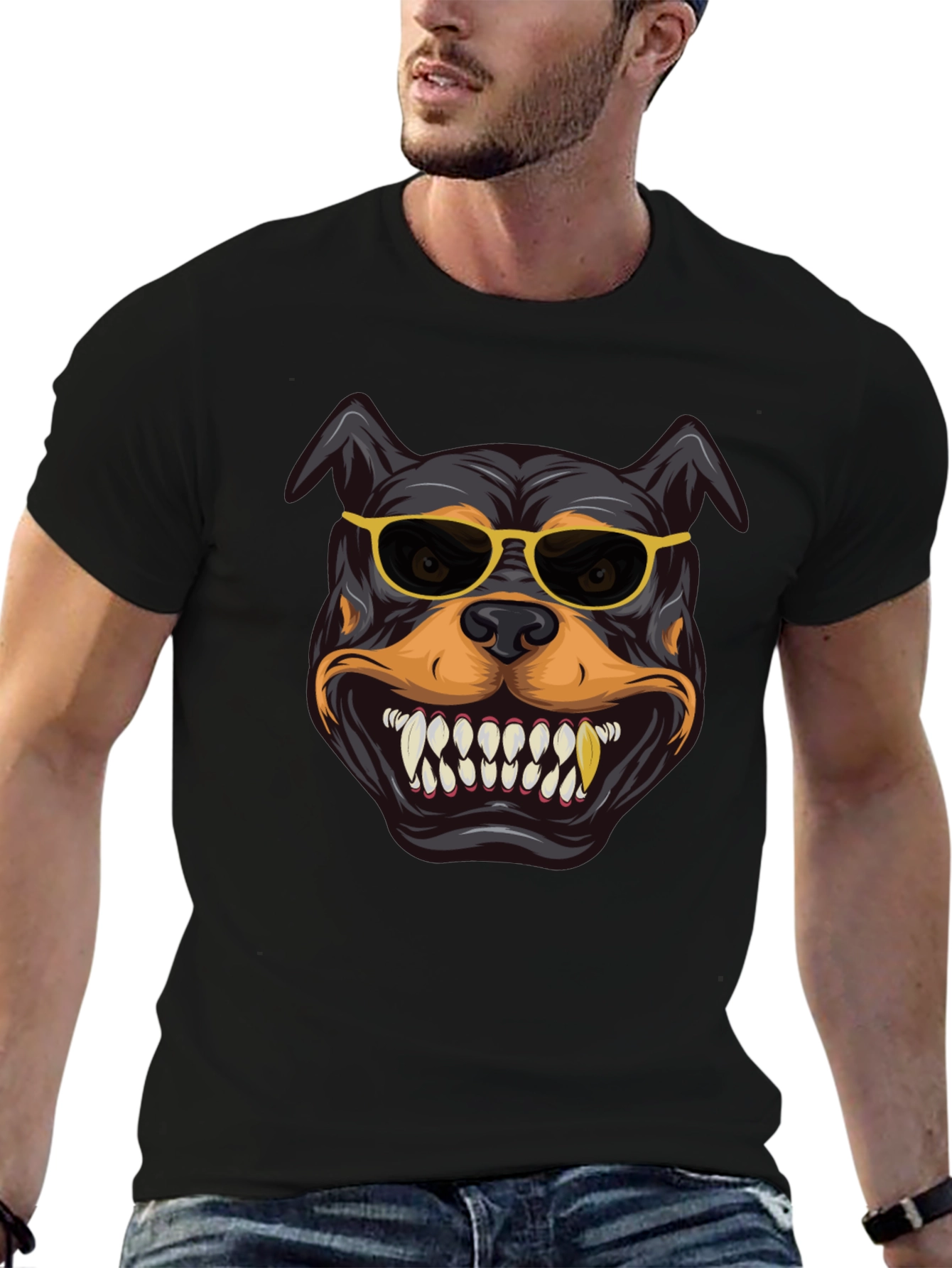 Cool Rottweiler Graphic Tee - Black Cotton Shirt