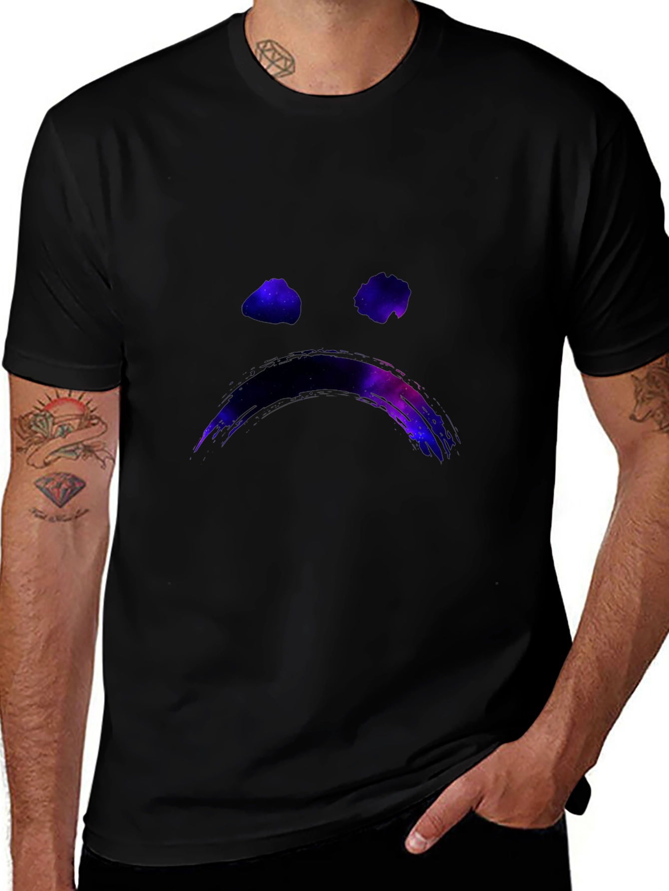 Galaxy Sad Face Graphic Black T-Shirt