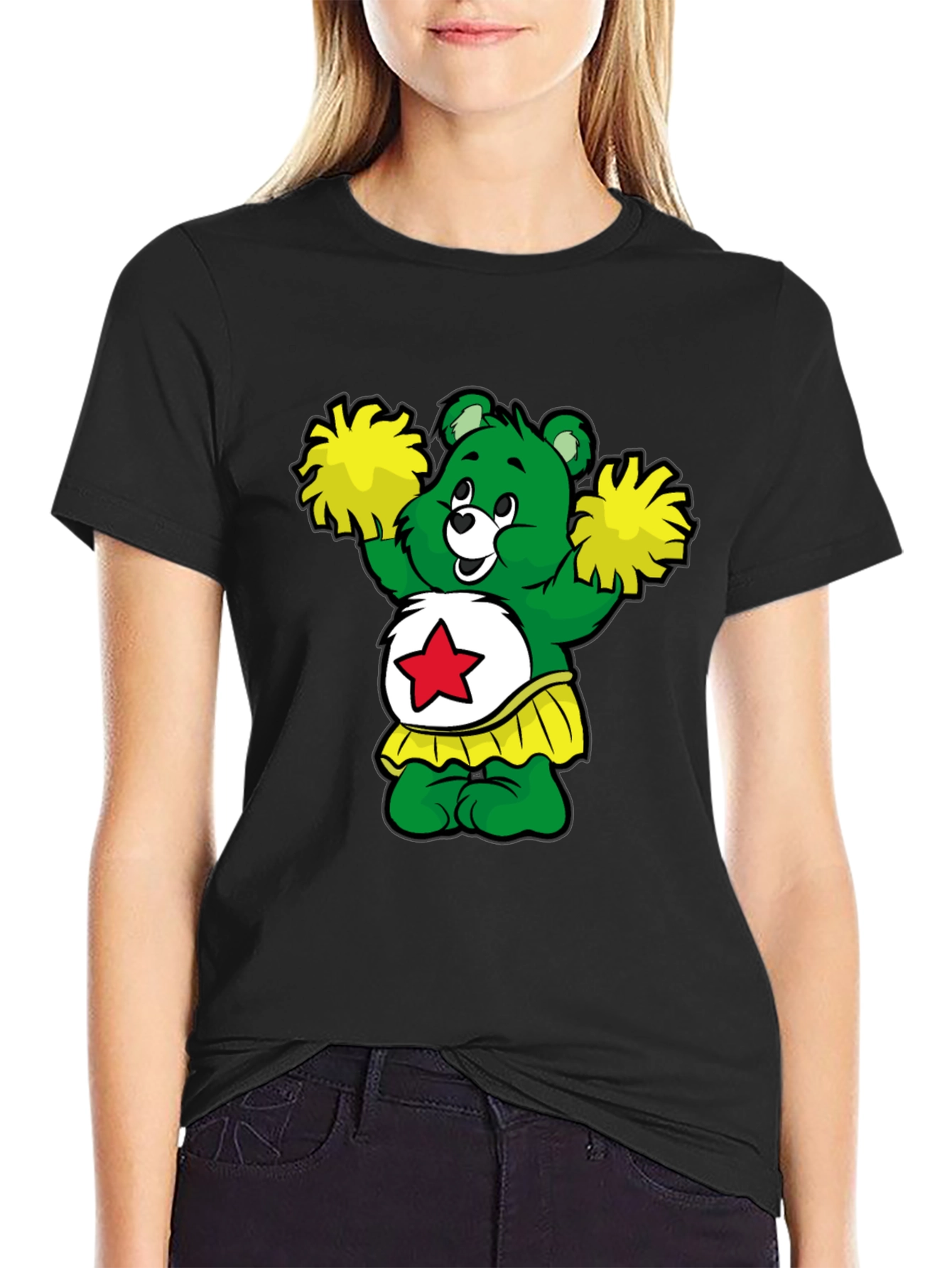 Cheerleader Bear T-Shirt - Black Cotton Tee