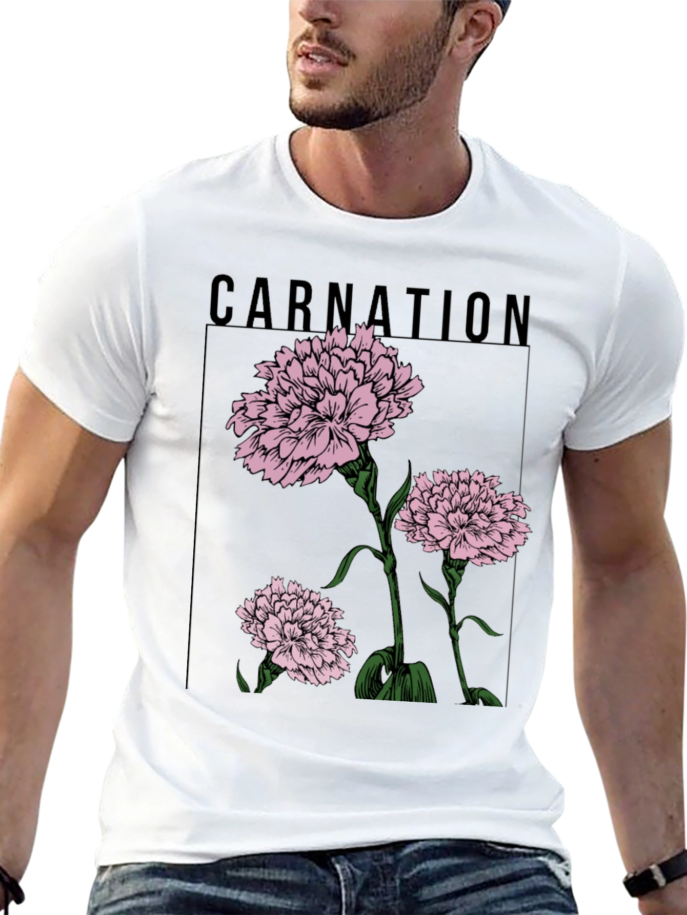Carnation Flower Graphic Black T-Shirt