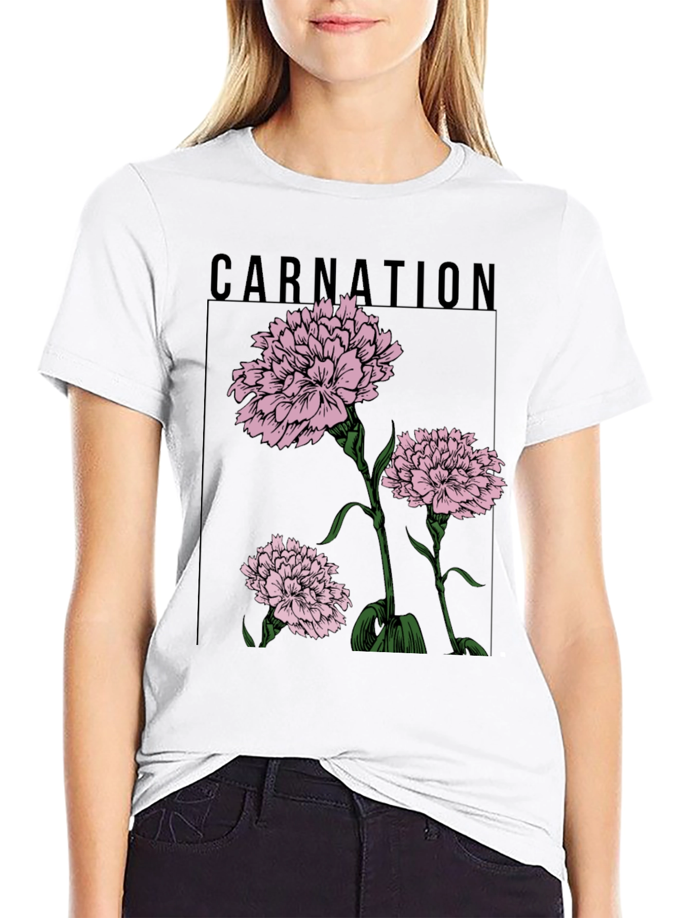 Carnation Flower Graphic Black T-Shirt