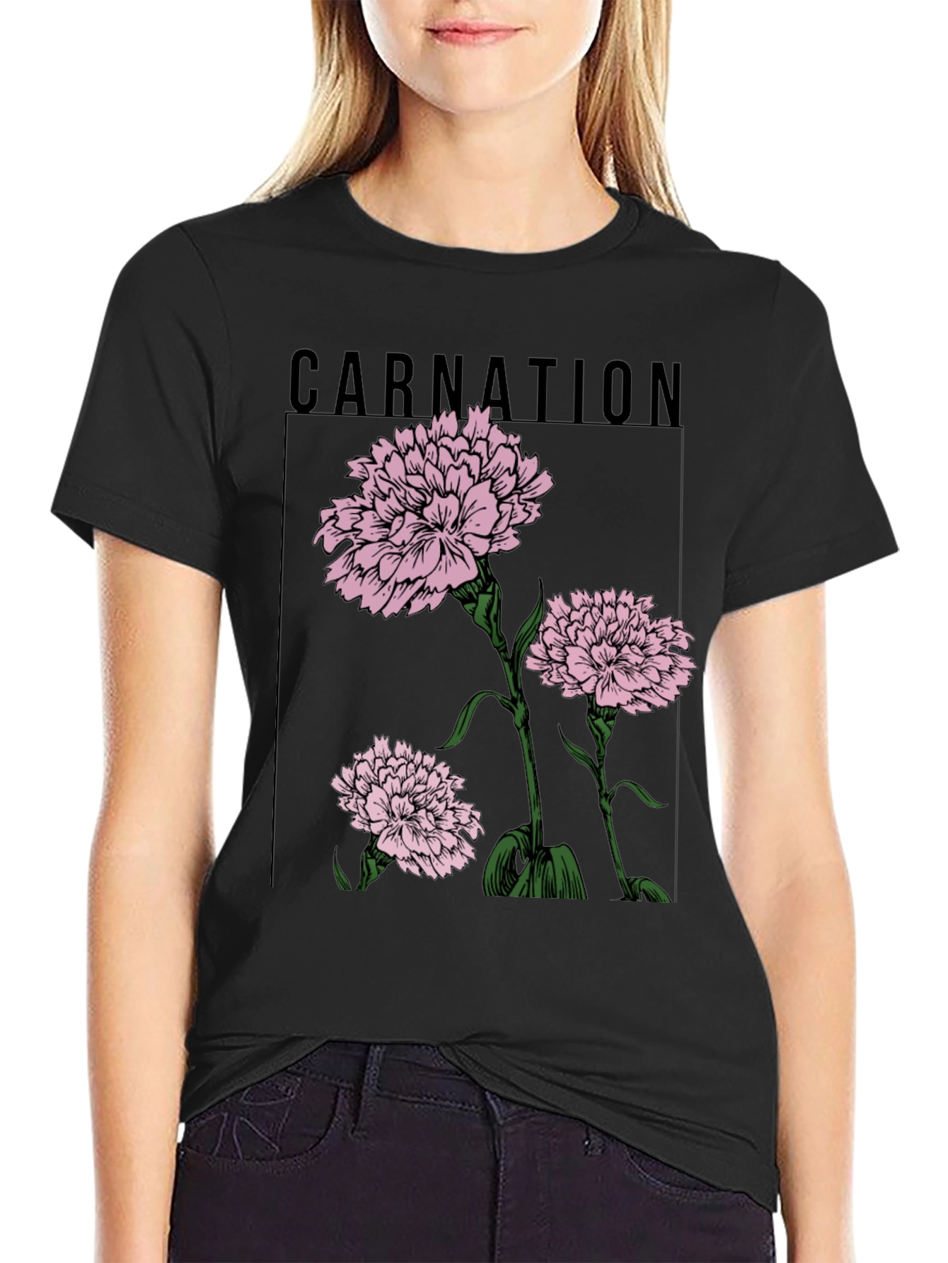 Carnation Flower Graphic Black T-Shirt