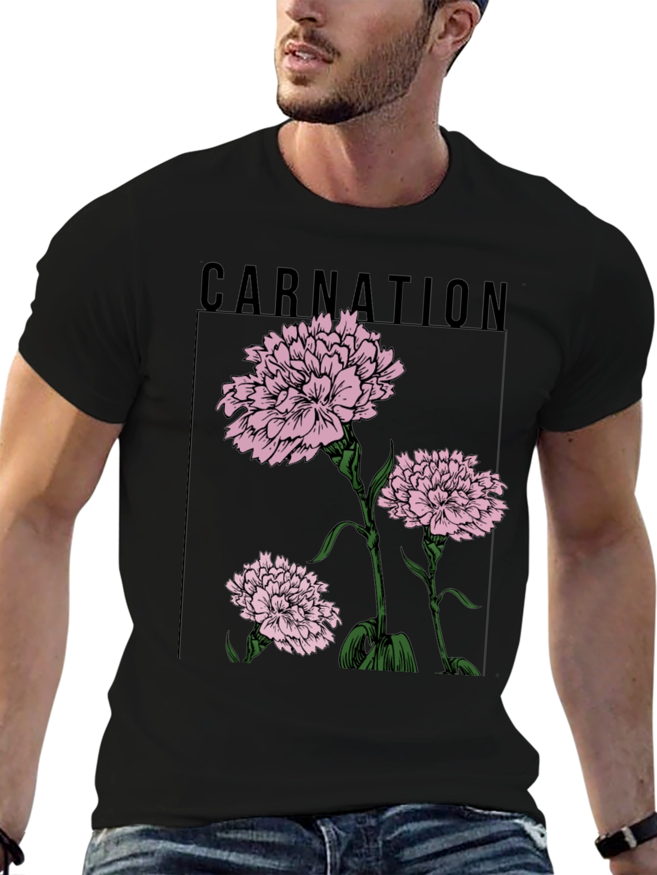 Carnation Flower Graphic Black T-Shirt