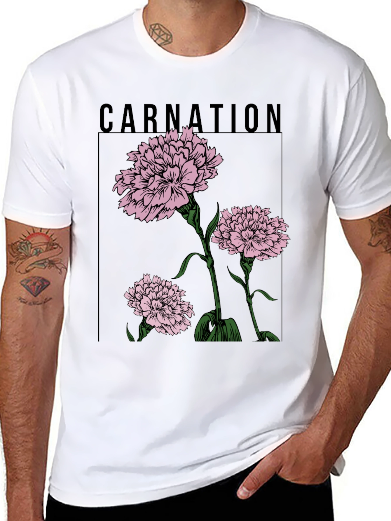 Carnation Flower Graphic Black T-Shirt