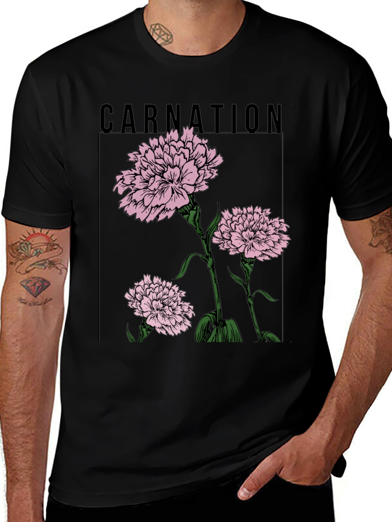 Carnation Flower Graphic Black T-Shirt