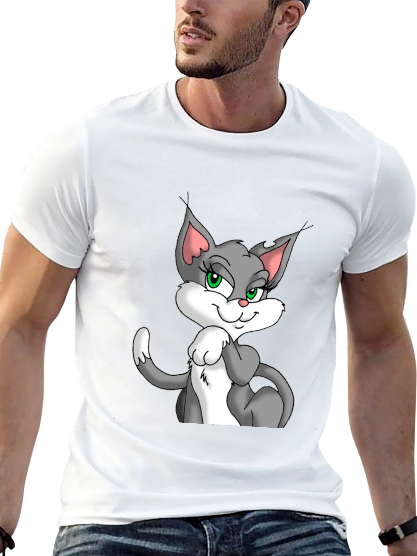 Cartoon Cat Graphic Black T-Shirt for Men