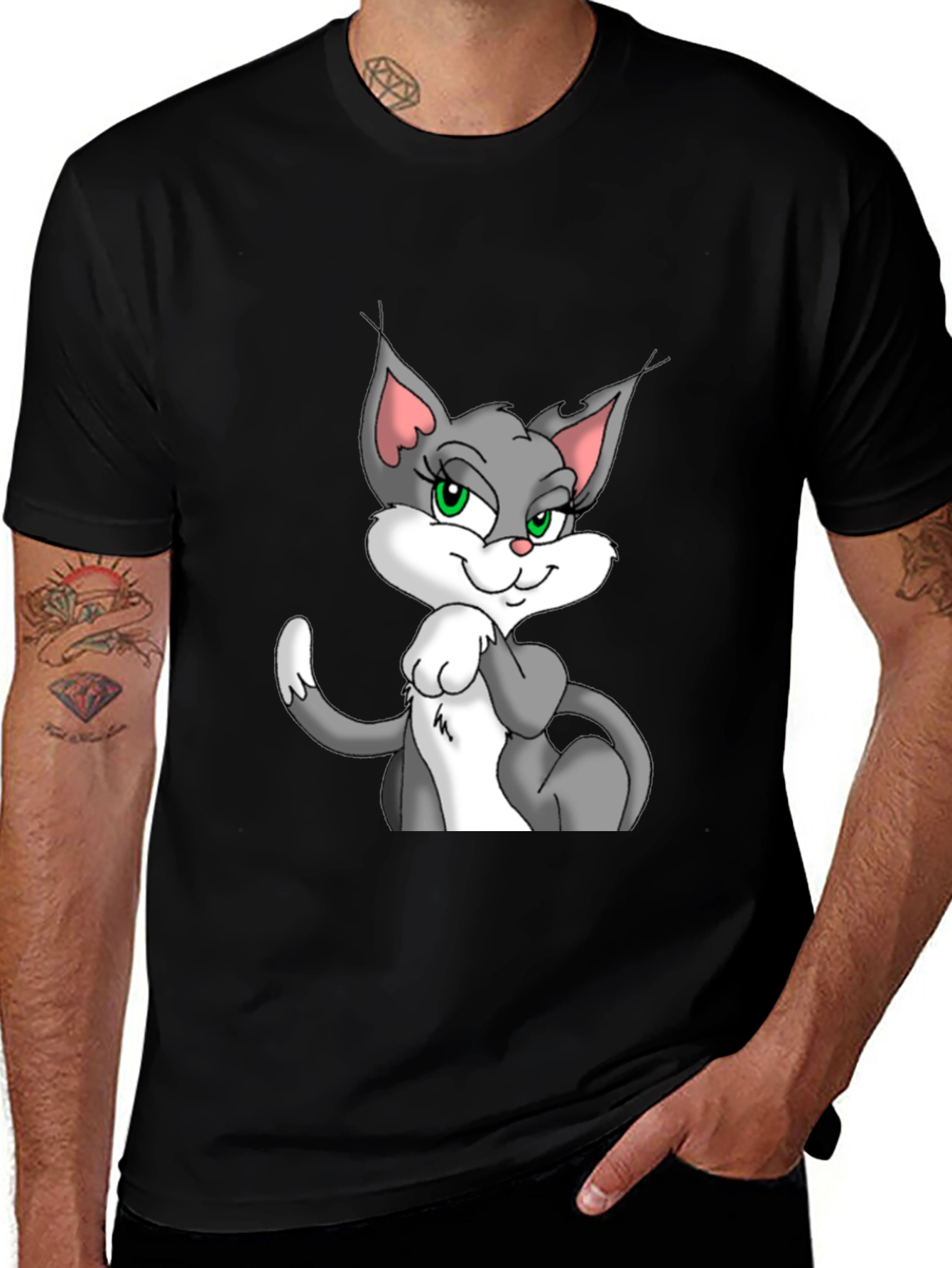 Cartoon Cat Graphic Black T-Shirt for Men