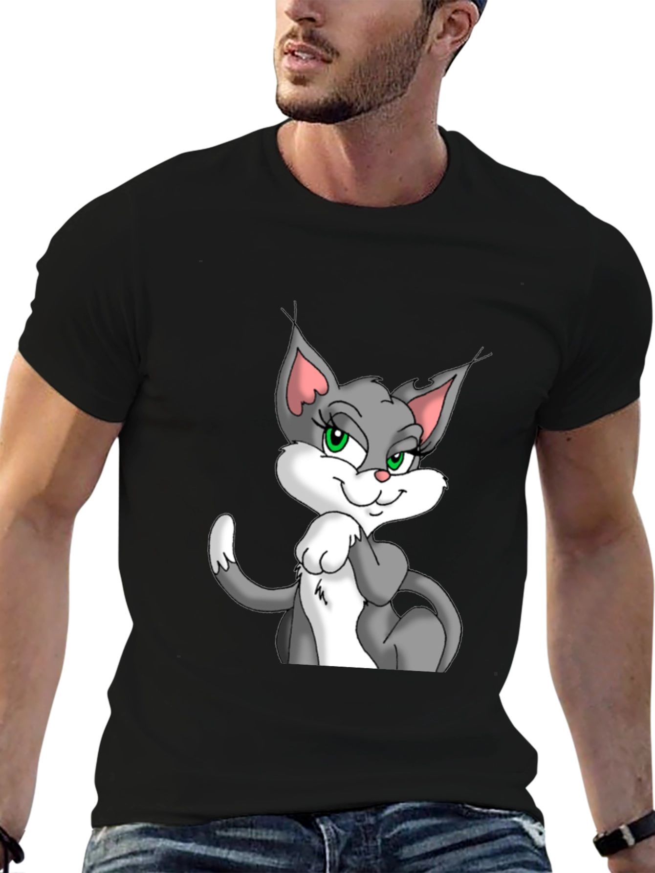 Cartoon Cat Graphic Black T-Shirt for Men