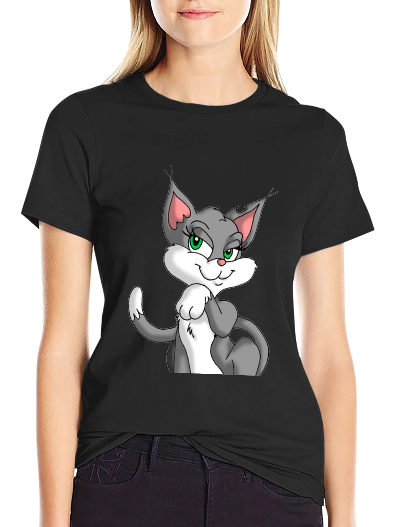 Cartoon Cat Graphic Black T-Shirt for Men