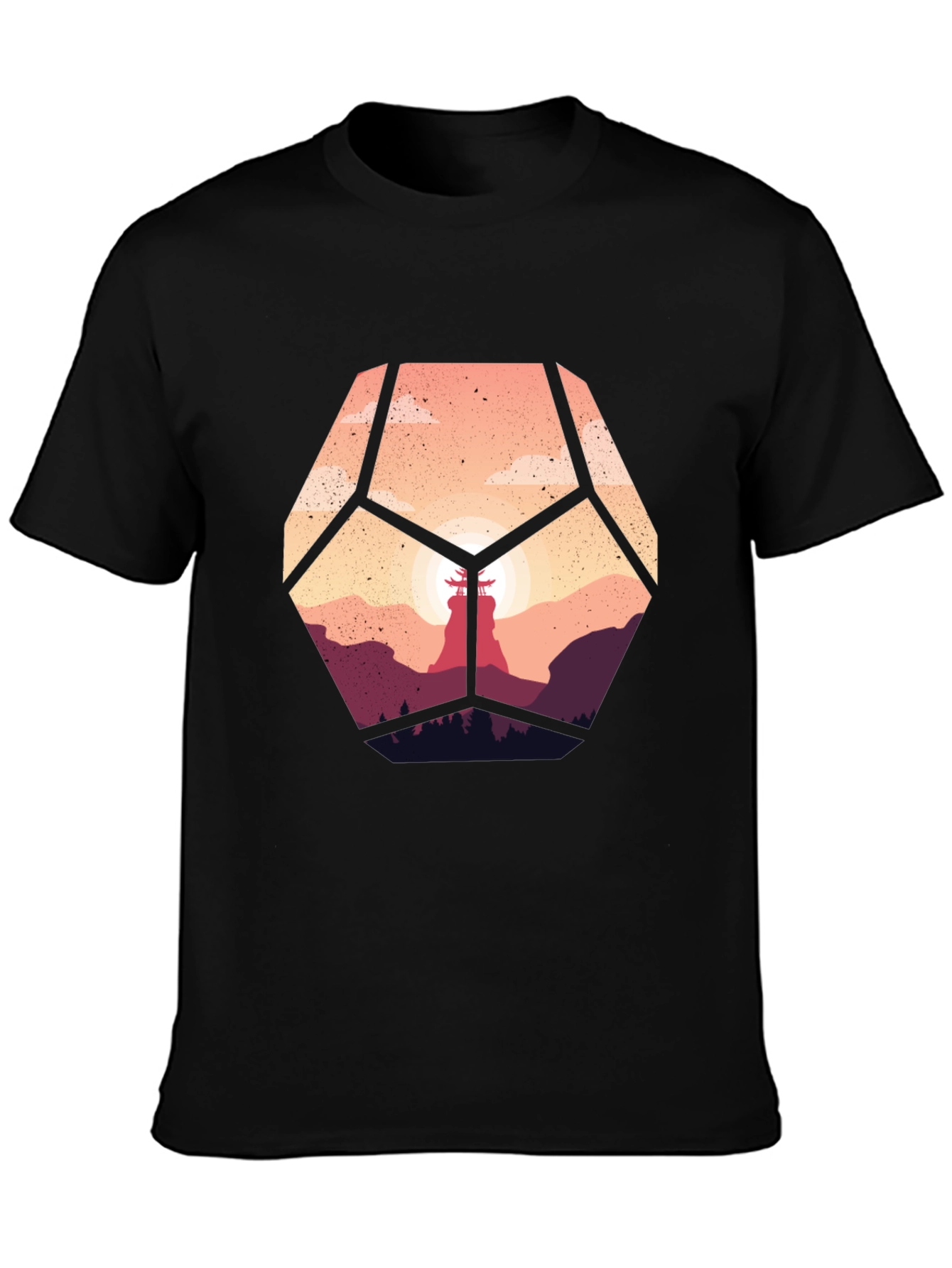 Geometric Sunset Graphic Tee - Stylish Mens Black T-Shirt