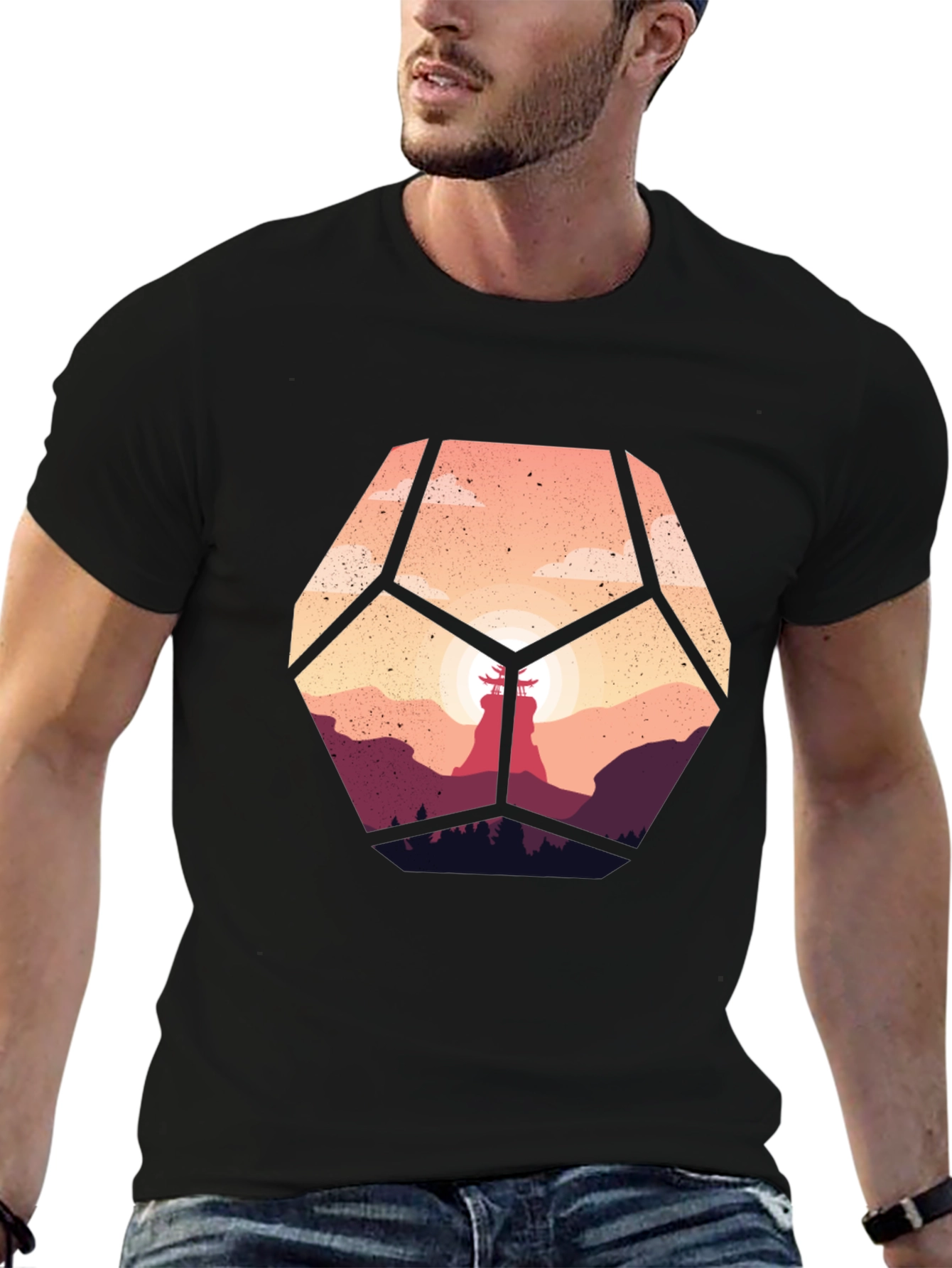 Geometric Sunset Graphic Tee - Stylish Mens Black T-Shirt