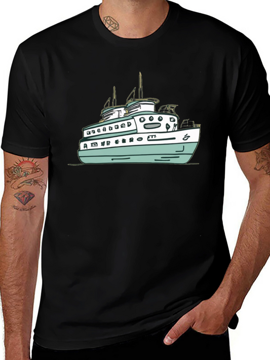 Black T-Shirt with Ferry Boat Graphic