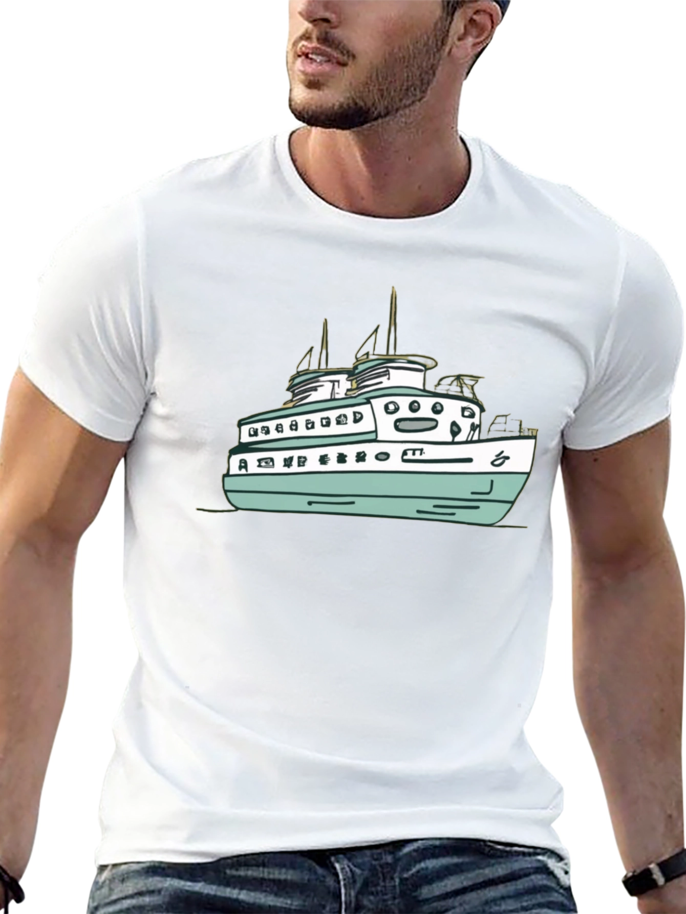 Black T-Shirt with Ferry Boat Graphic