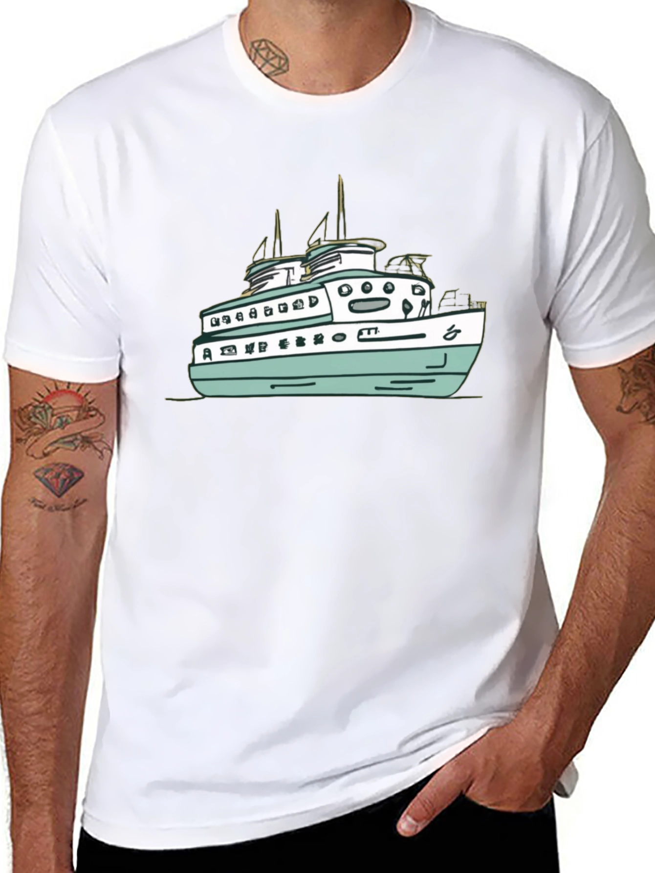 Black T-Shirt with Ferry Boat Graphic