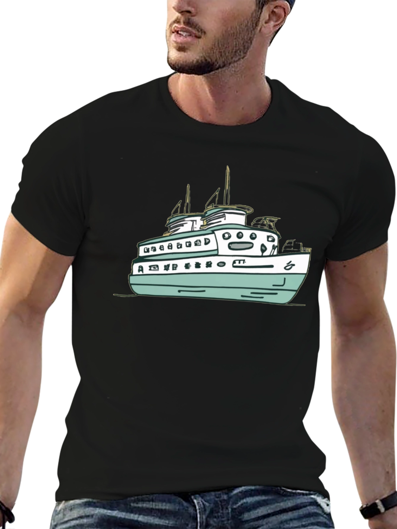 Black T-Shirt with Ferry Boat Graphic