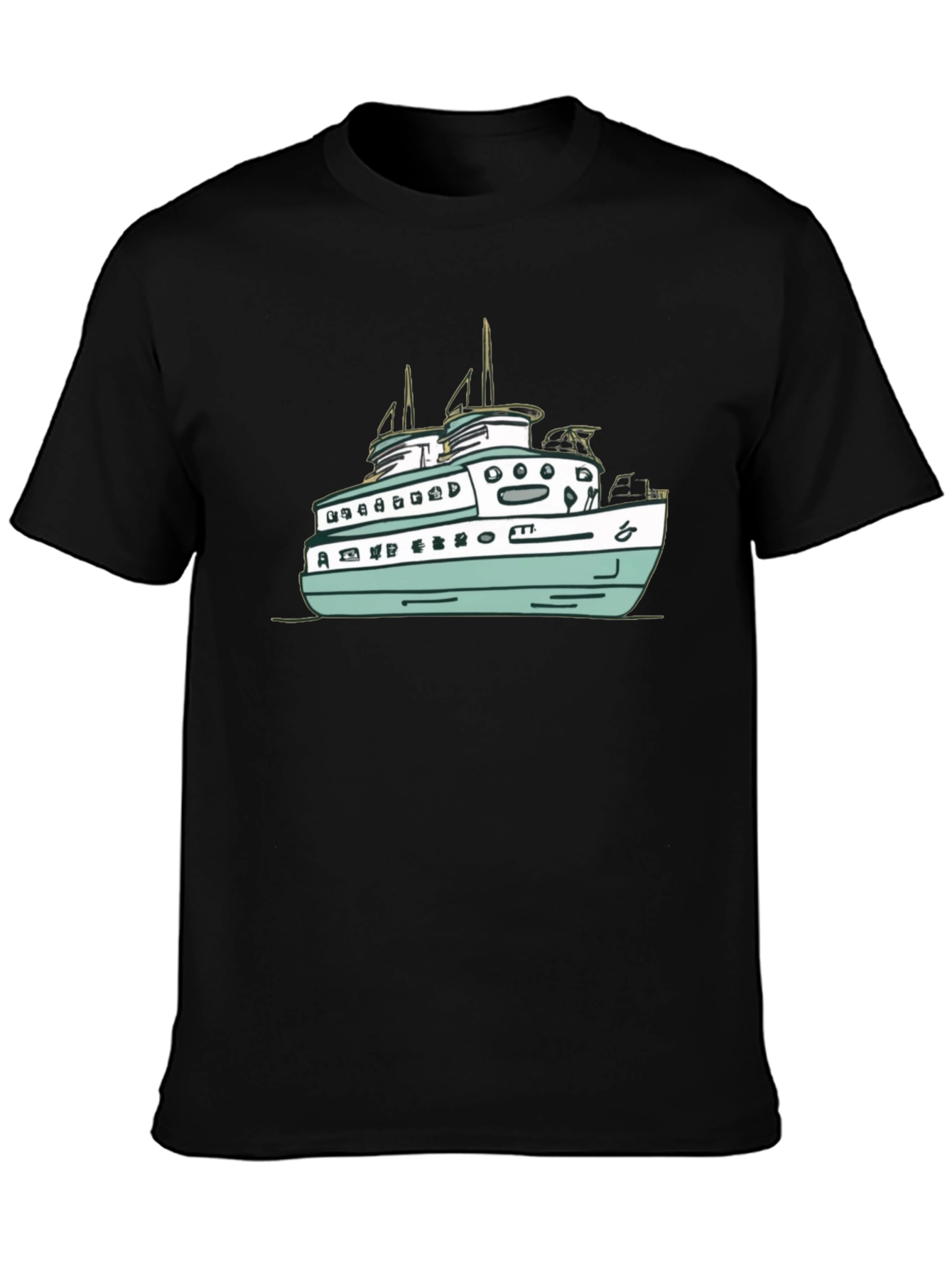 Black T-Shirt with Ferry Boat Graphic