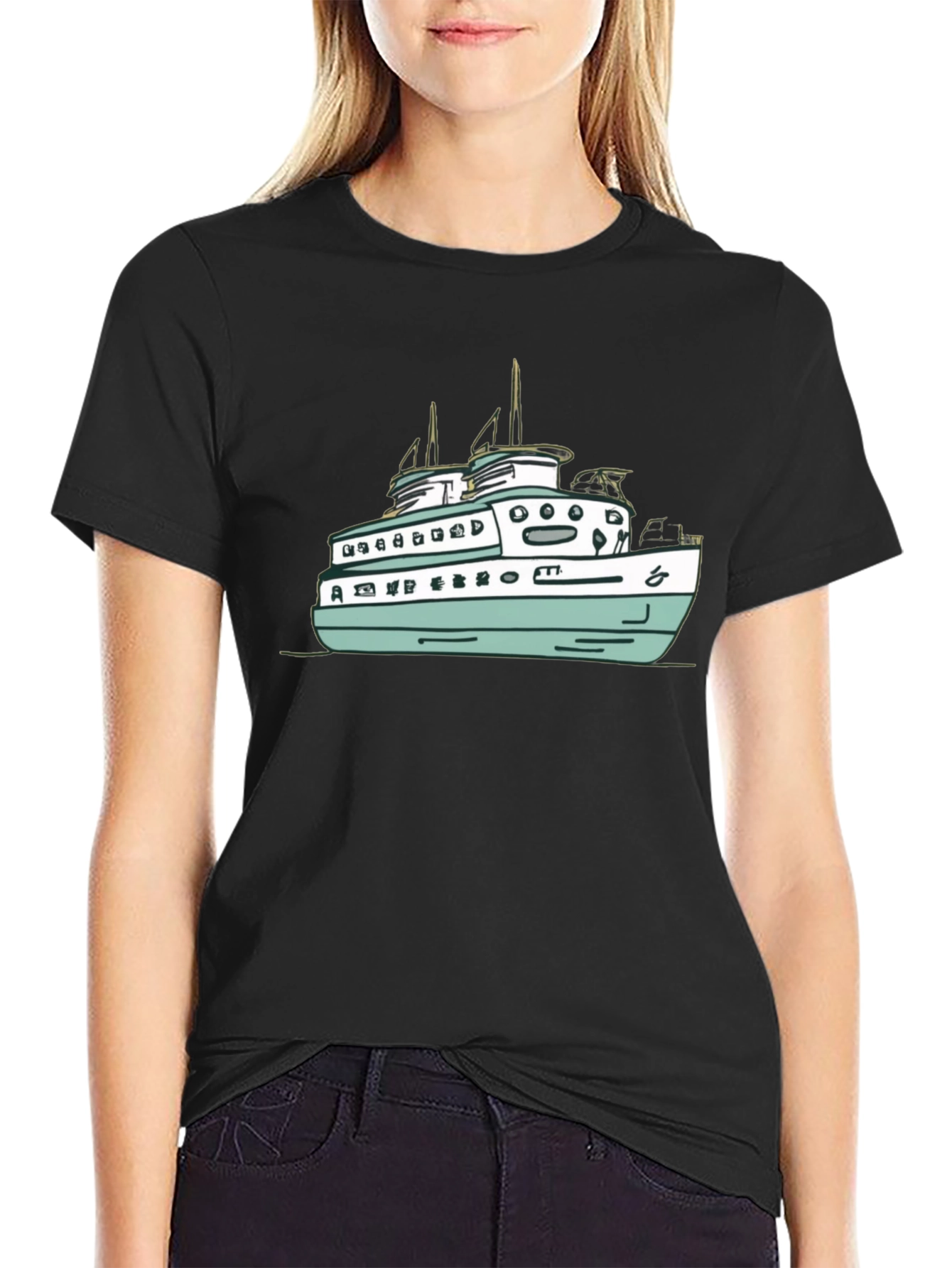 Black T-Shirt with Ferry Boat Graphic