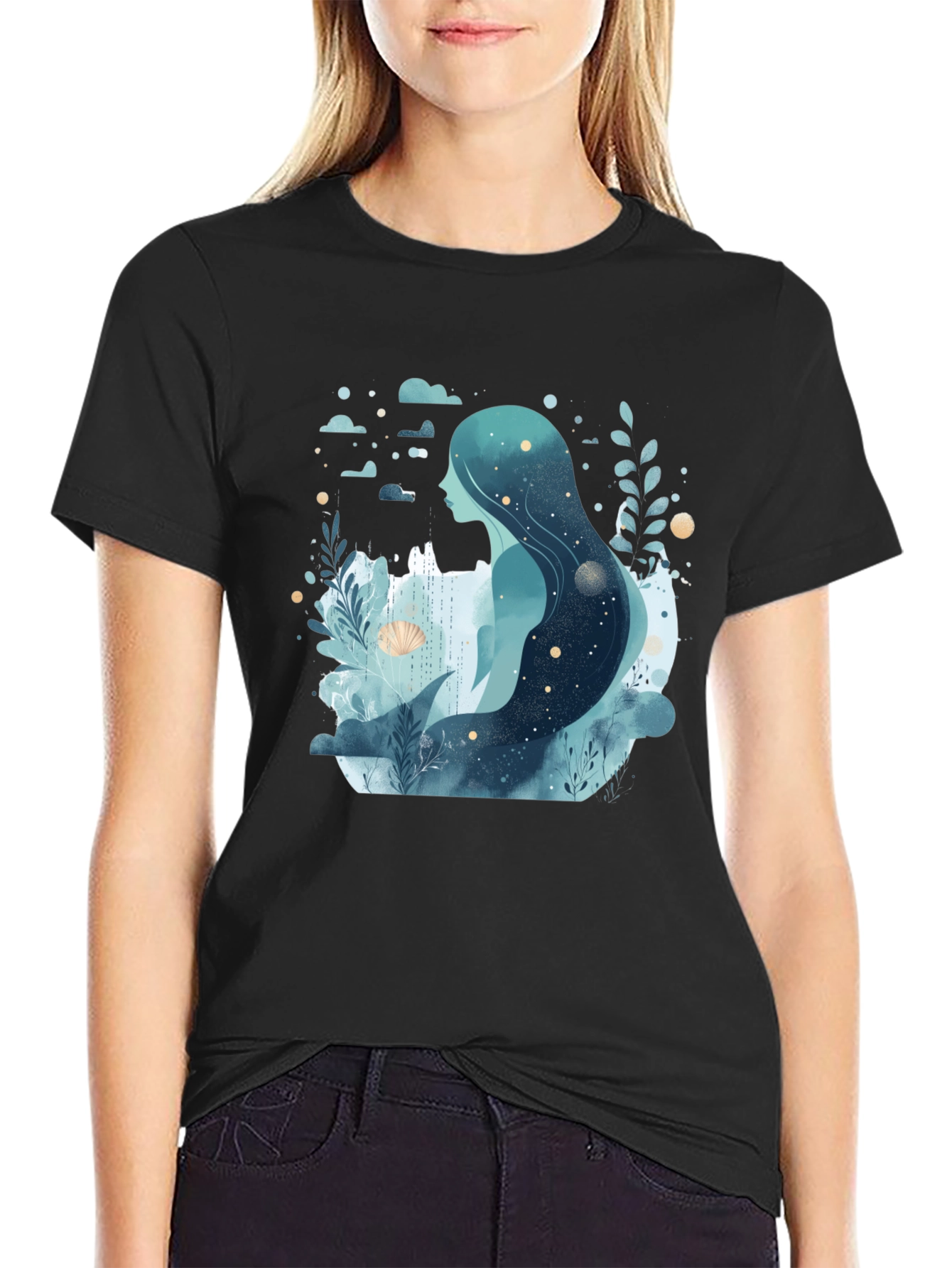 Celestial Mermaid Graphic Tee - Black