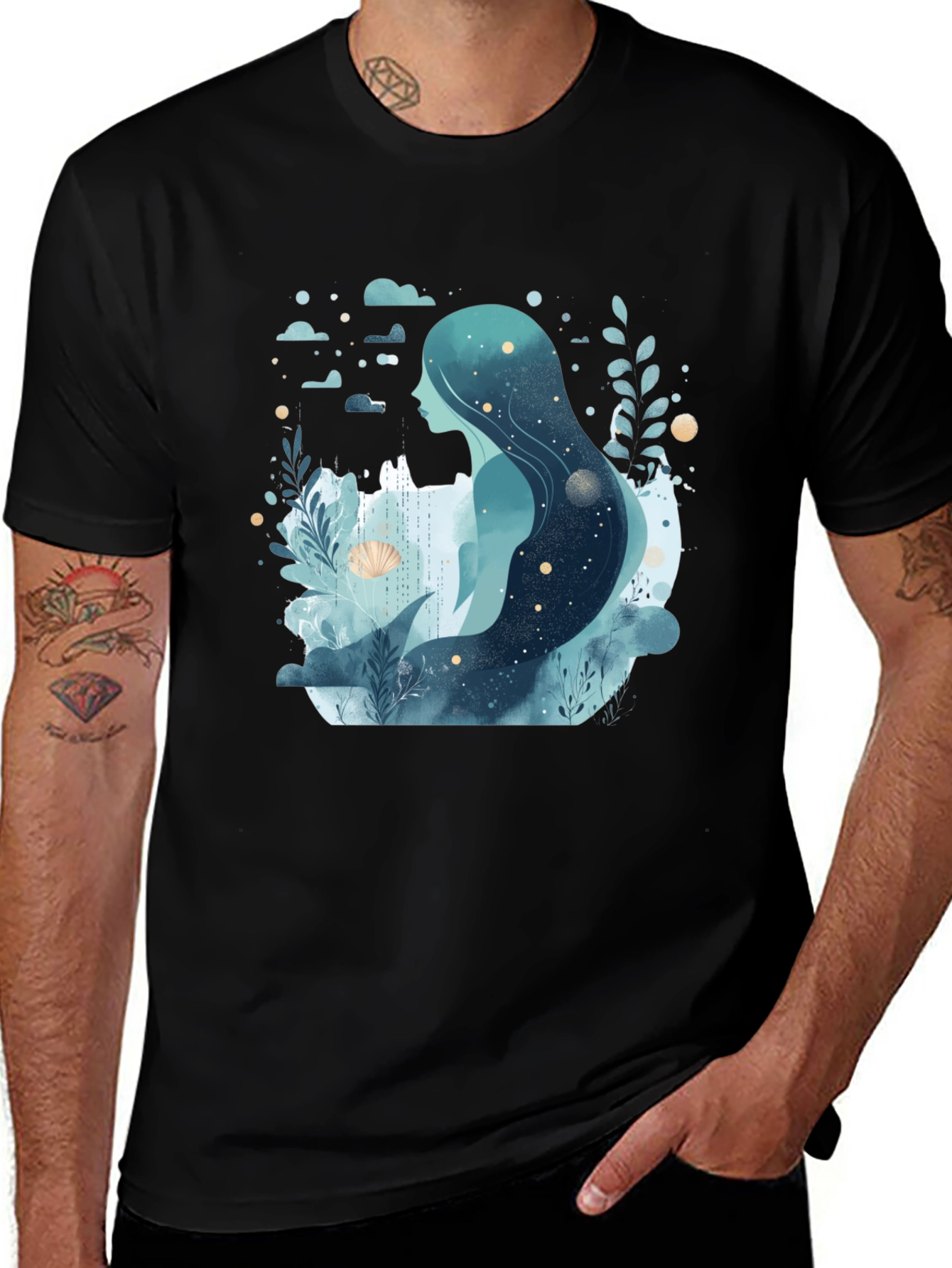 Celestial Mermaid Graphic Tee - Black