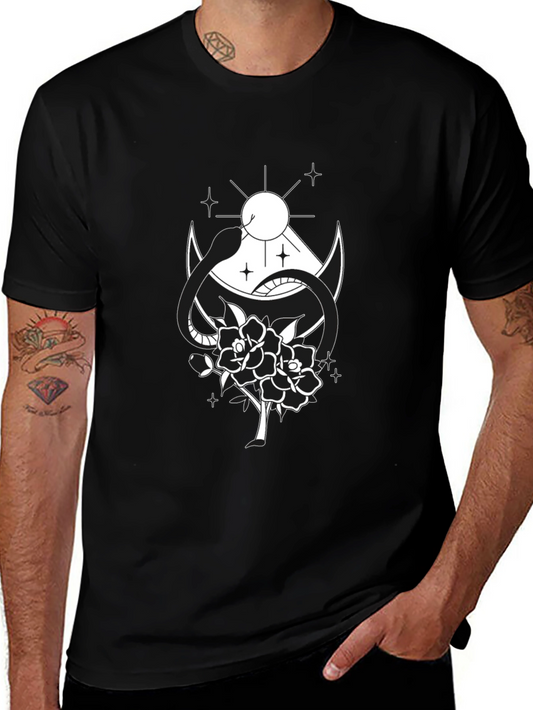Black T-Shirt with Snake & Rose Graphic