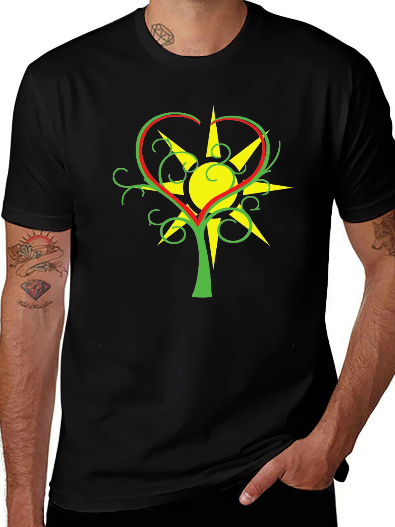 Heart & Sun Tree Black T-Shirt Unique Design