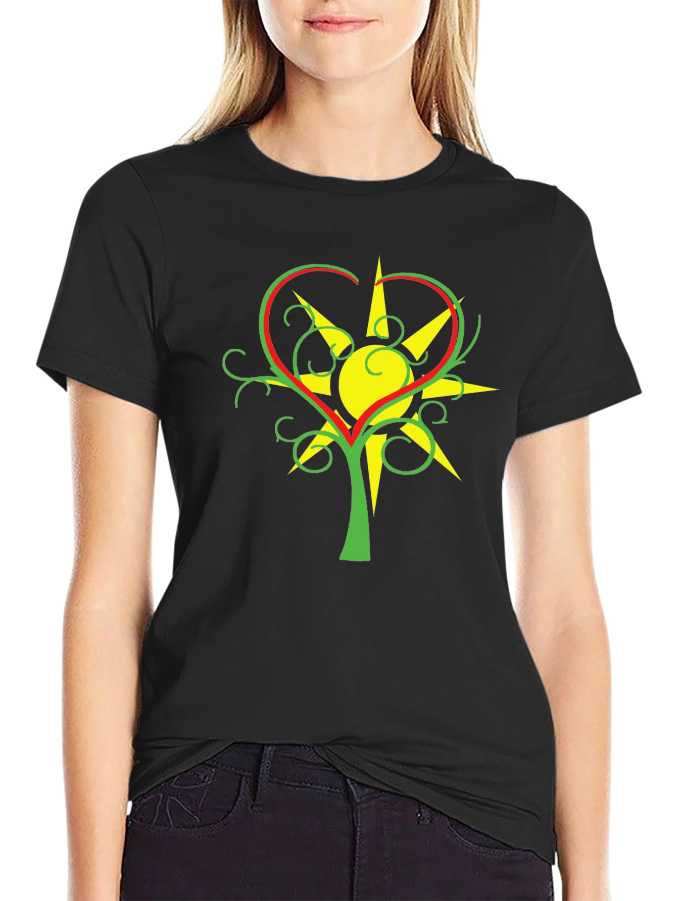 Heart & Sun Tree Black T-Shirt Unique Design