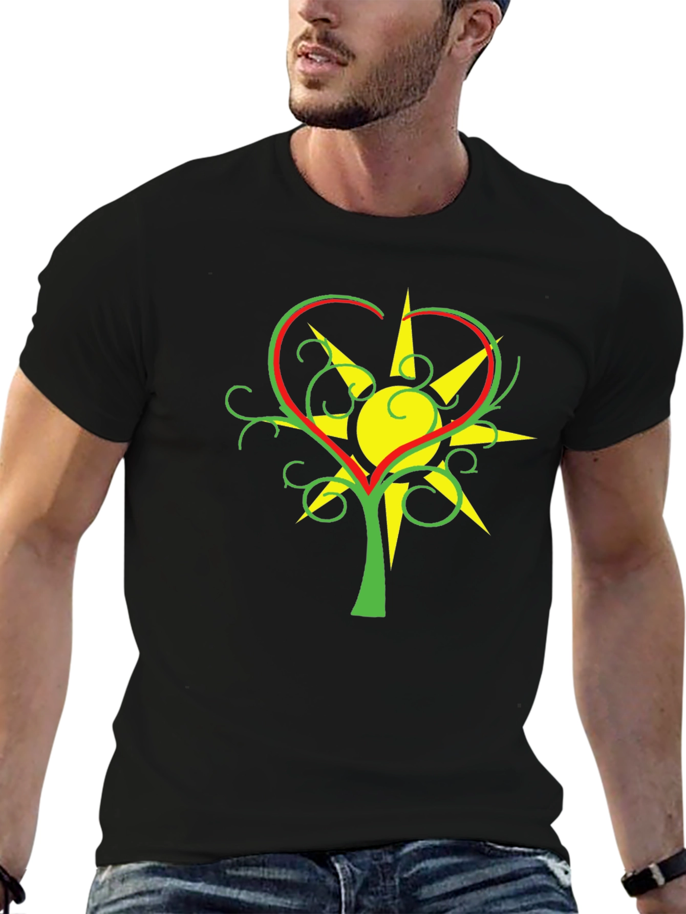 Heart & Sun Tree Black T-Shirt Unique Design