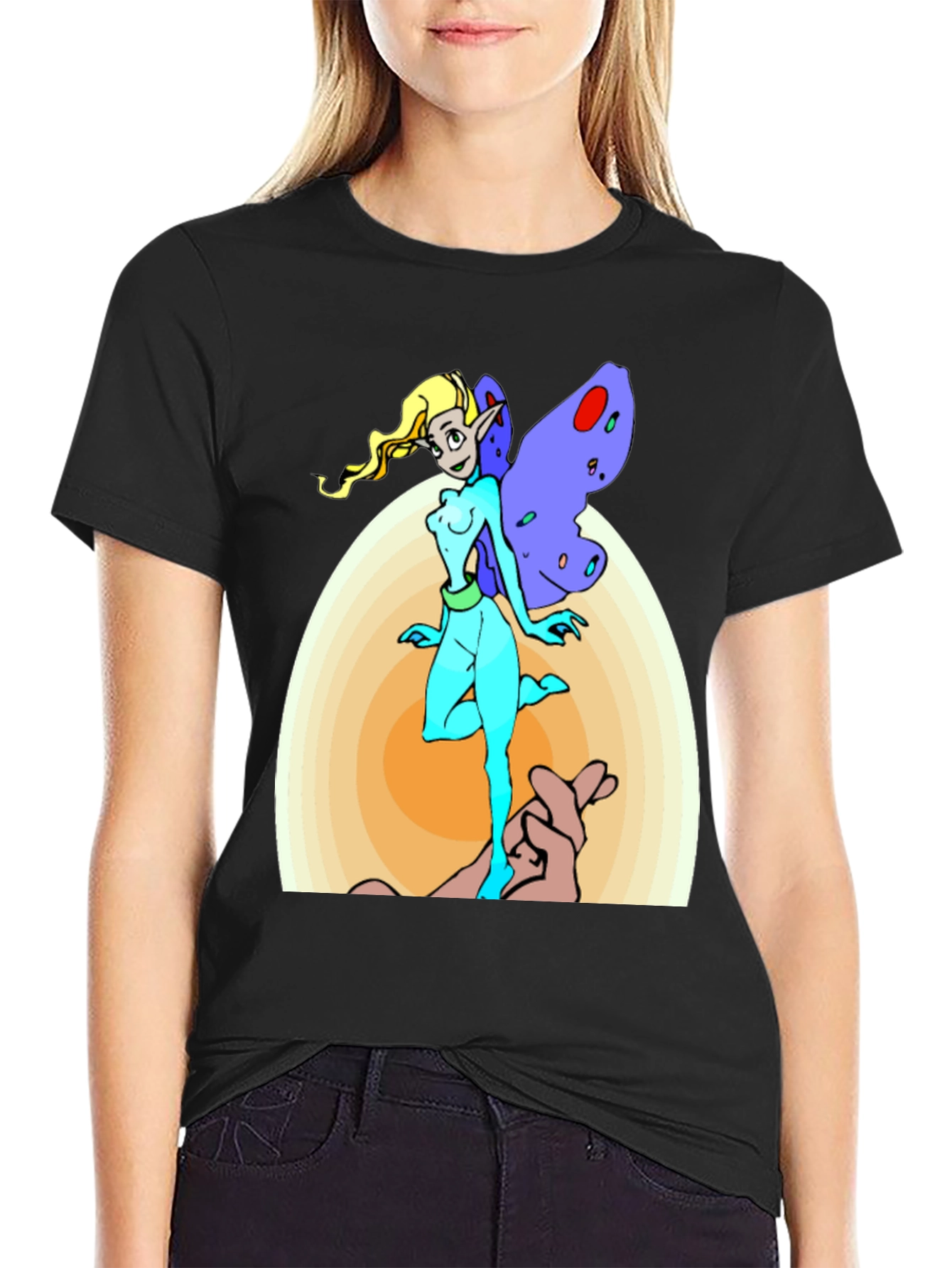Fairy Cartoon Graphic Print Mens Black T-Shirt