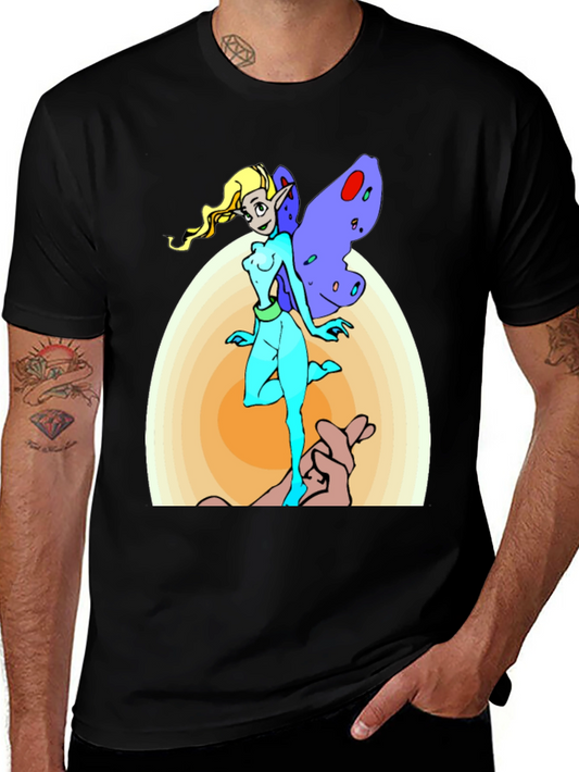 Fairy Cartoon Graphic Print Mens Black T-Shirt